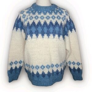 Vtg Norlander Sweater Nordic Chunky 100% Wool Blue White Norway Retro Logde Wear